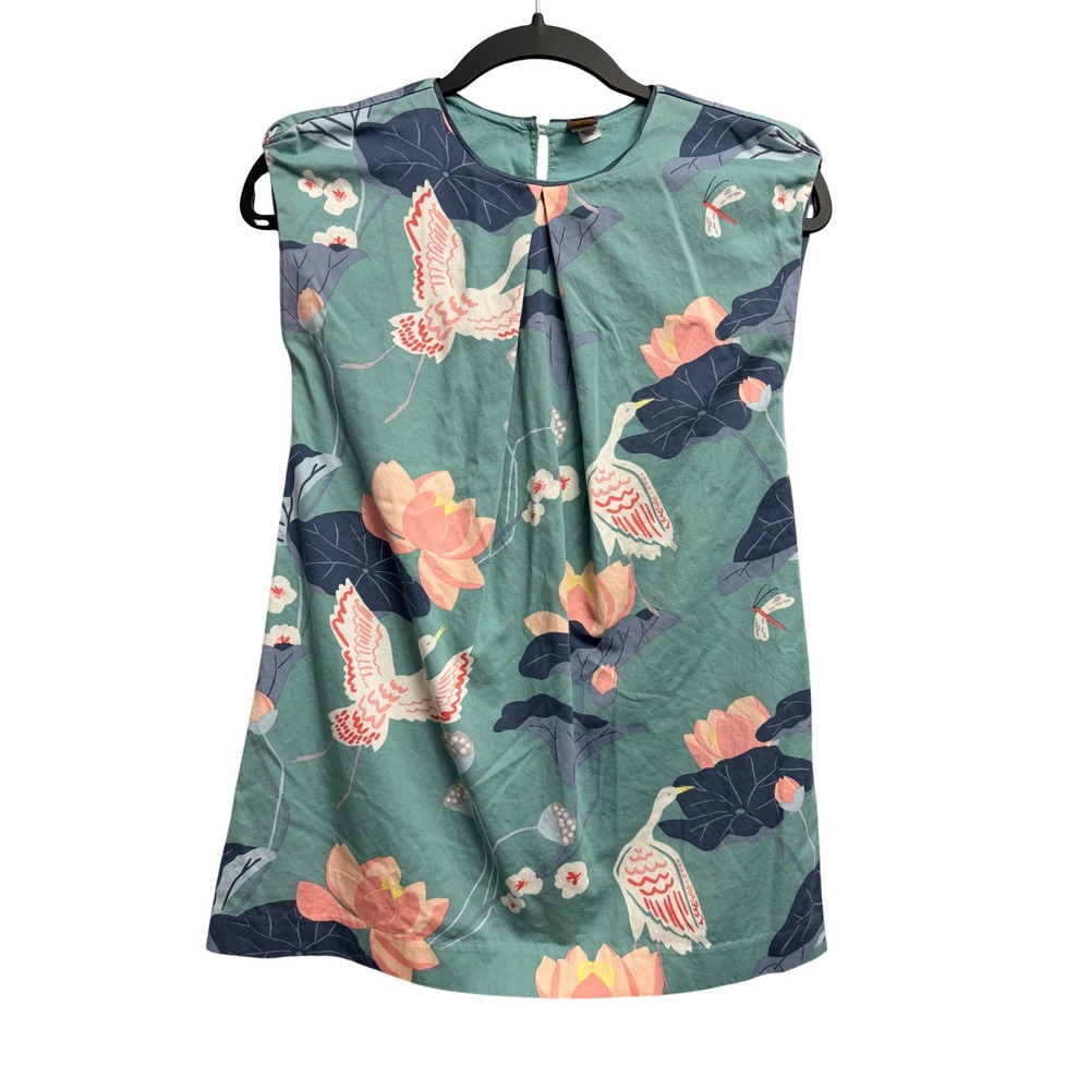 Tea Collection Girls Crane Lotus Floral Cotton Dress Teal Size 8 Japanese A-Line